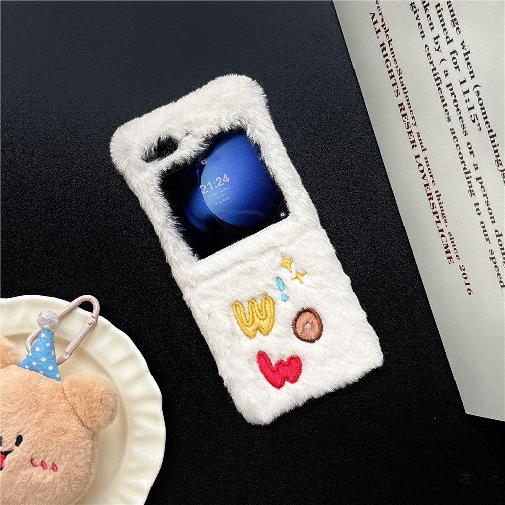 KJS-018 For Samsung Galaxy Z Flip7 FE 5G / Z Flip6 5G Case Embroidered WOW Soft Plush Hard PC Phone Cover - White