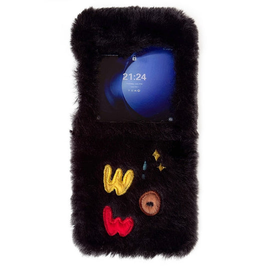 KJS-018 For Samsung Galaxy Z Flip7 FE 5G / Z Flip6 5G Case Embroidered WOW Soft Plush Hard PC Phone Cover - Black