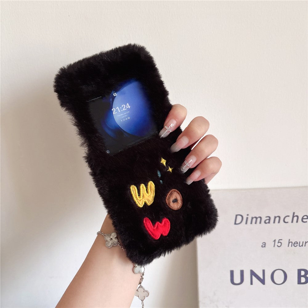 KJS-018 For Samsung Galaxy Z Flip7 FE 5G / Z Flip6 5G Case Embroidered WOW Soft Plush Hard PC Phone Cover - Black