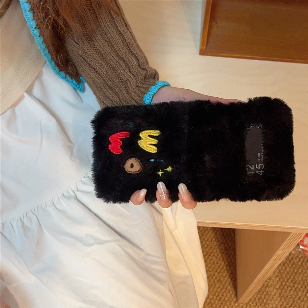 KJS-018 For Samsung Galaxy Z Flip7 FE 5G / Z Flip6 5G Case Embroidered WOW Soft Plush Hard PC Phone Cover - Black