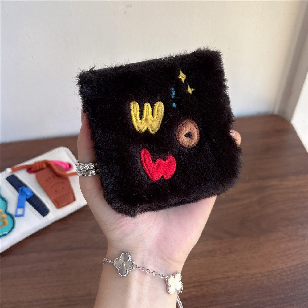 KJS-018 For Samsung Galaxy Z Flip7 FE 5G / Z Flip6 5G Case Embroidered WOW Soft Plush Hard PC Phone Cover - Black