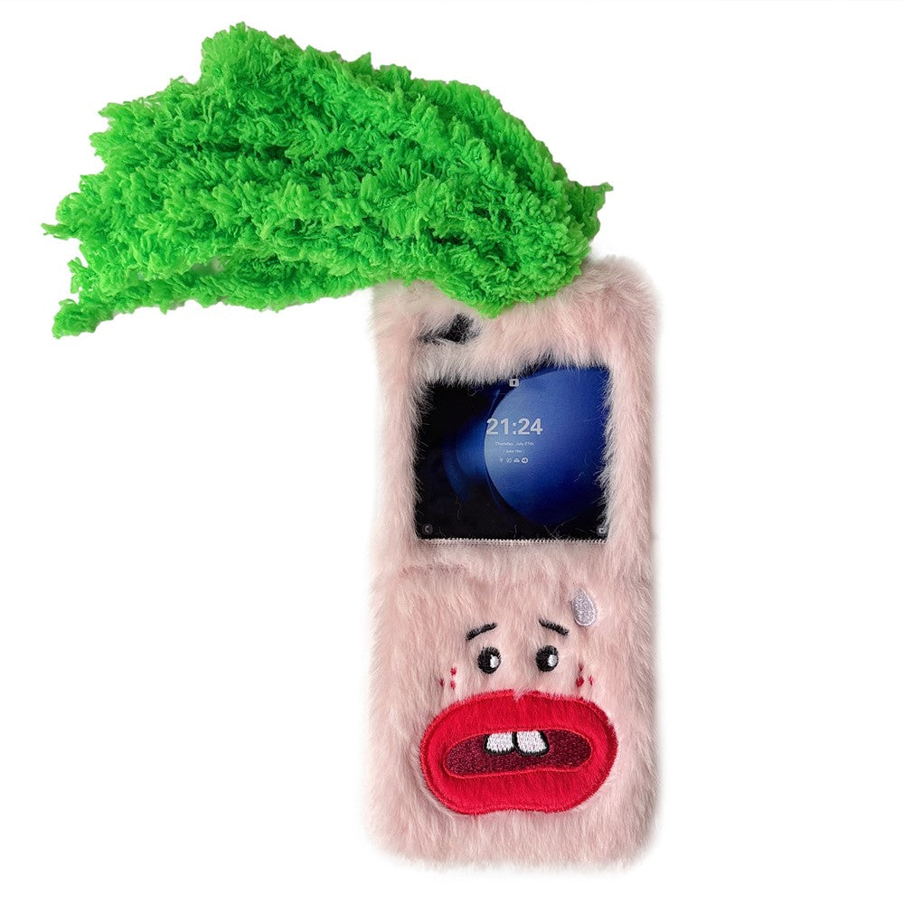 KJS-022 For Samsung Galaxy Z Flip7 FE 5G / Z Flip6 5G Case Bucktooth Green Hair Lens Kickstand Hard PC Warm Plush Phone Cover - Pink