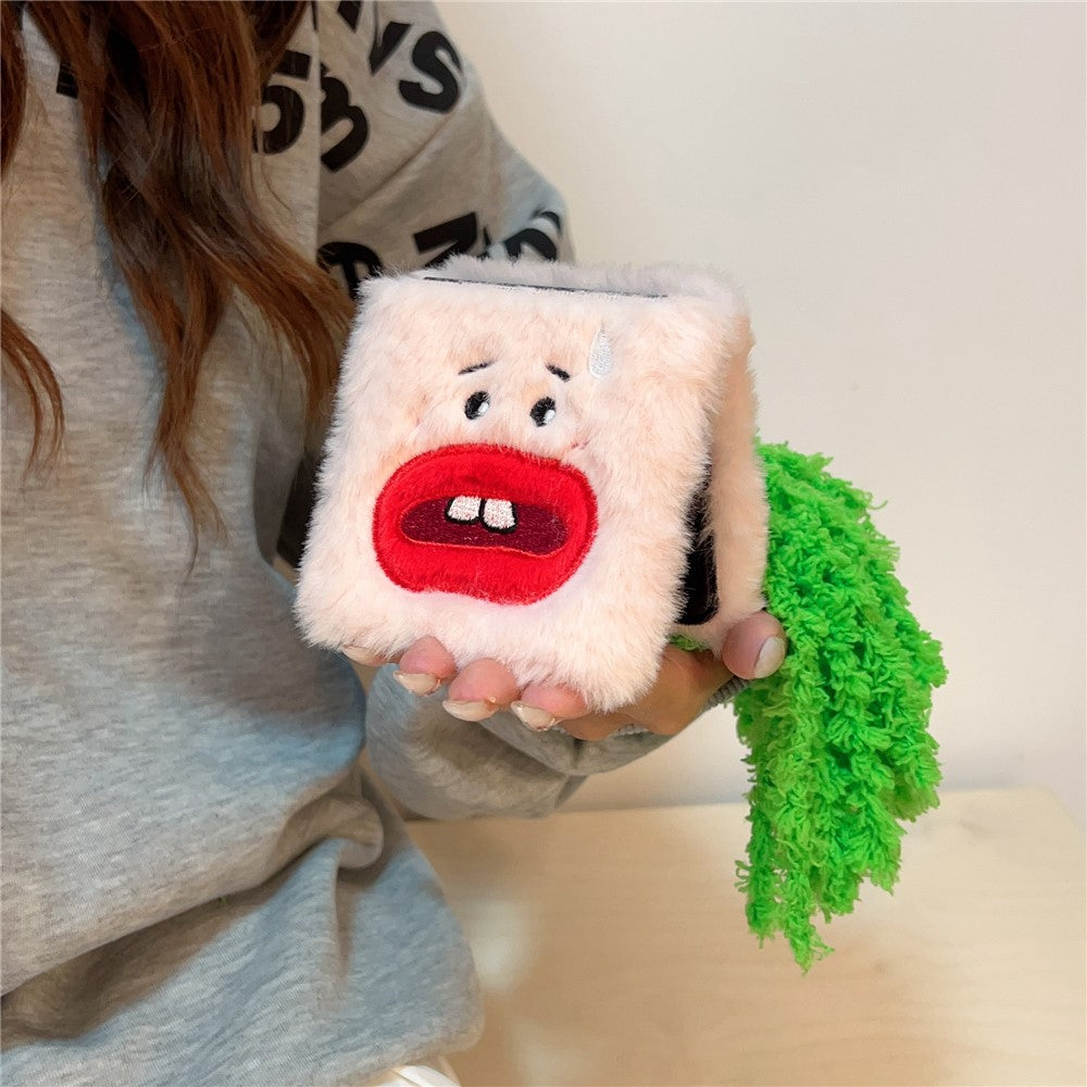 KJS-022 For Samsung Galaxy Z Flip7 FE 5G / Z Flip6 5G Case Bucktooth Green Hair Lens Kickstand Hard PC Warm Plush Phone Cover - Pink