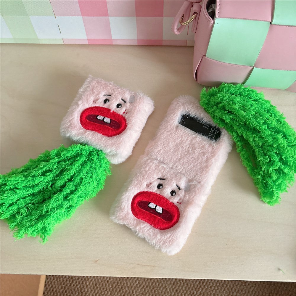 KJS-022 For Samsung Galaxy Z Flip7 FE 5G / Z Flip6 5G Case Bucktooth Green Hair Lens Kickstand Hard PC Warm Plush Phone Cover - Pink