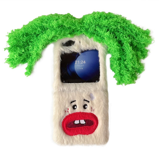 KJS-022 For Samsung Galaxy Z Flip7 FE 5G / Z Flip6 5G Case Bucktooth Green Hair Lens Kickstand Hard PC Warm Plush Phone Cover - White