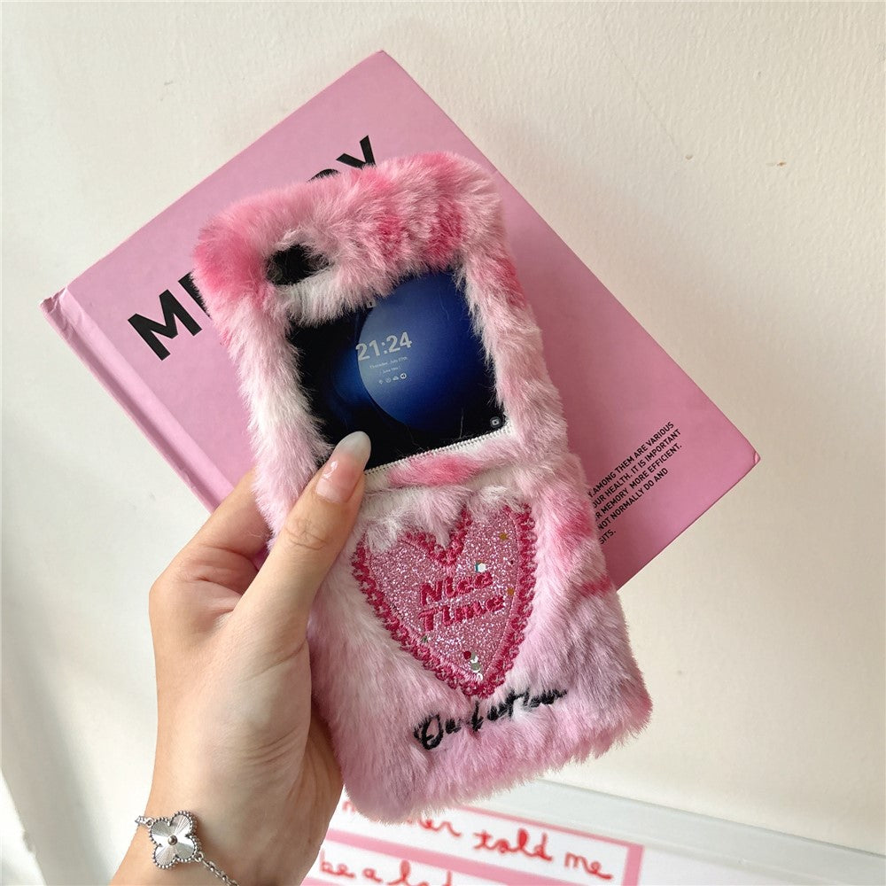 KJS-013 For Samsung Galaxy Z Flip7 FE 5G / Z Flip6 5G Case Glitter Heart Hard PC Warm Plush Phone Cover - Pink