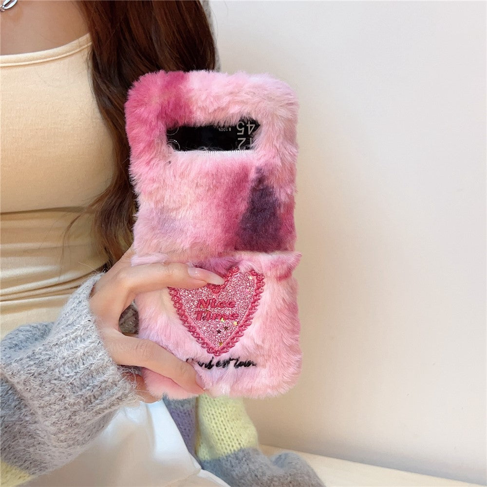 KJS-013 For Samsung Galaxy Z Flip7 FE 5G / Z Flip6 5G Case Glitter Heart Hard PC Warm Plush Phone Cover - Pink