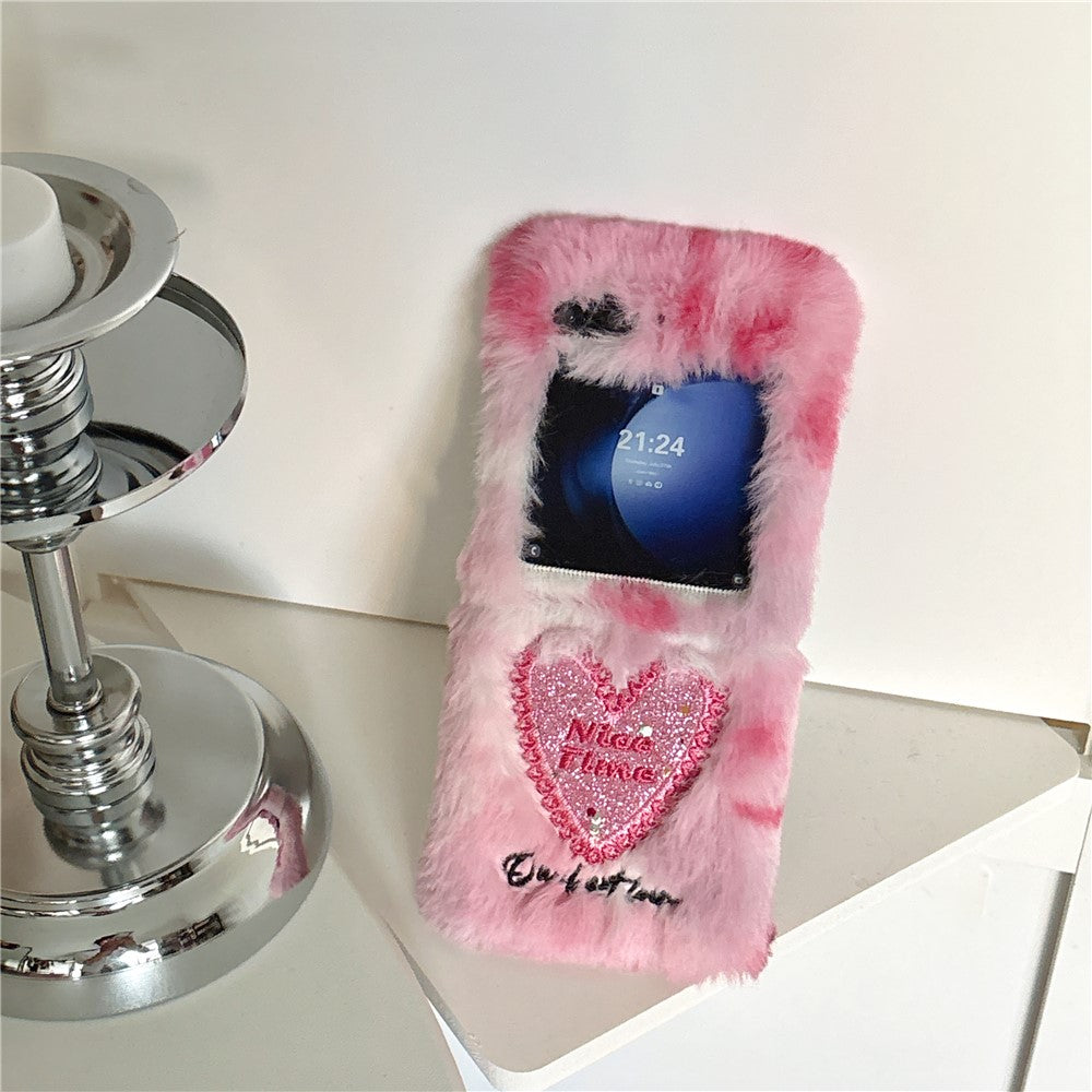 KJS-013 For Samsung Galaxy Z Flip7 FE 5G / Z Flip6 5G Case Glitter Heart Hard PC Warm Plush Phone Cover - Pink