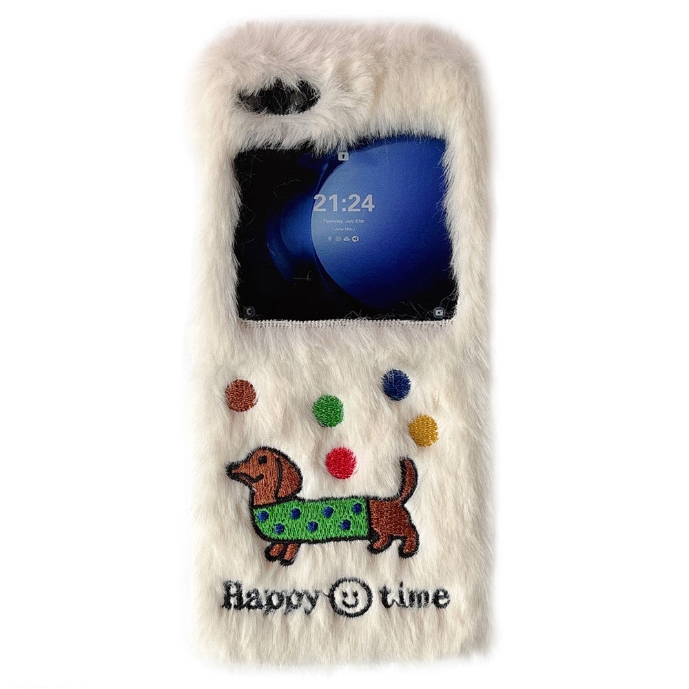 KJS-029 For Samsung Galaxy Z Flip7 FE 5G / Z Flip6 5G Case Embroidered Dachshund Hard PC Plush Furry Phone Cover - White