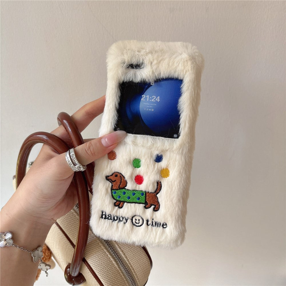 KJS-029 For Samsung Galaxy Z Flip7 FE 5G / Z Flip6 5G Case Embroidered Dachshund Hard PC Plush Furry Phone Cover - White