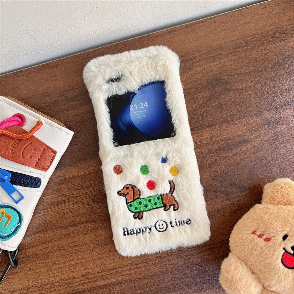 KJS-029 For Samsung Galaxy Z Flip7 FE 5G / Z Flip6 5G Case Embroidered Dachshund Hard PC Plush Furry Phone Cover - White