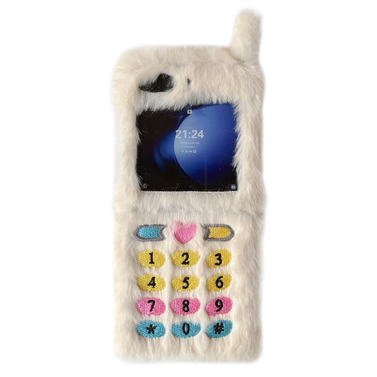 KJS-004 For Samsung Galaxy Z Flip7 FE 5G / Z Flip6 5G Case Retro Phone Style Embroidered Dial Keys Hard PC Warm Plush Phone Cover - White