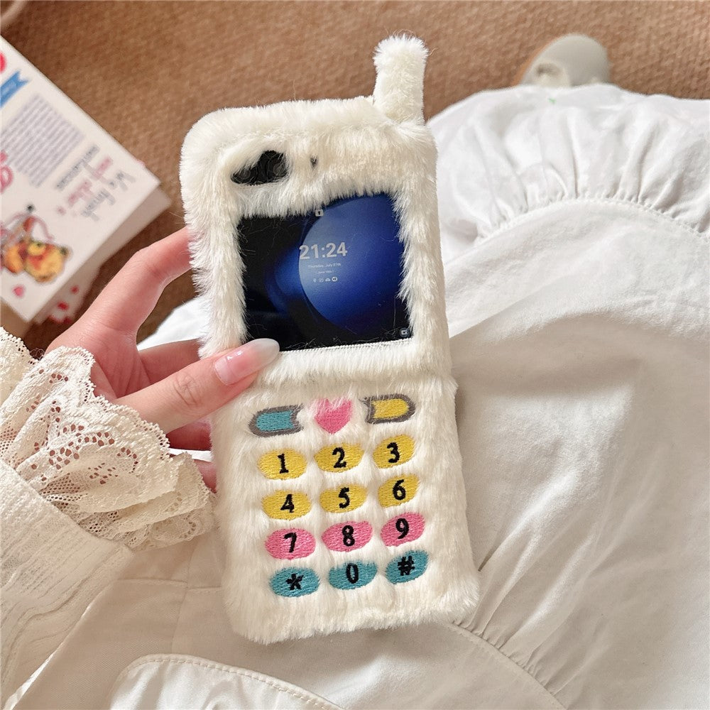 KJS-004 For Samsung Galaxy Z Flip7 FE 5G / Z Flip6 5G Case Retro Phone Style Embroidered Dial Keys Hard PC Warm Plush Phone Cover - White