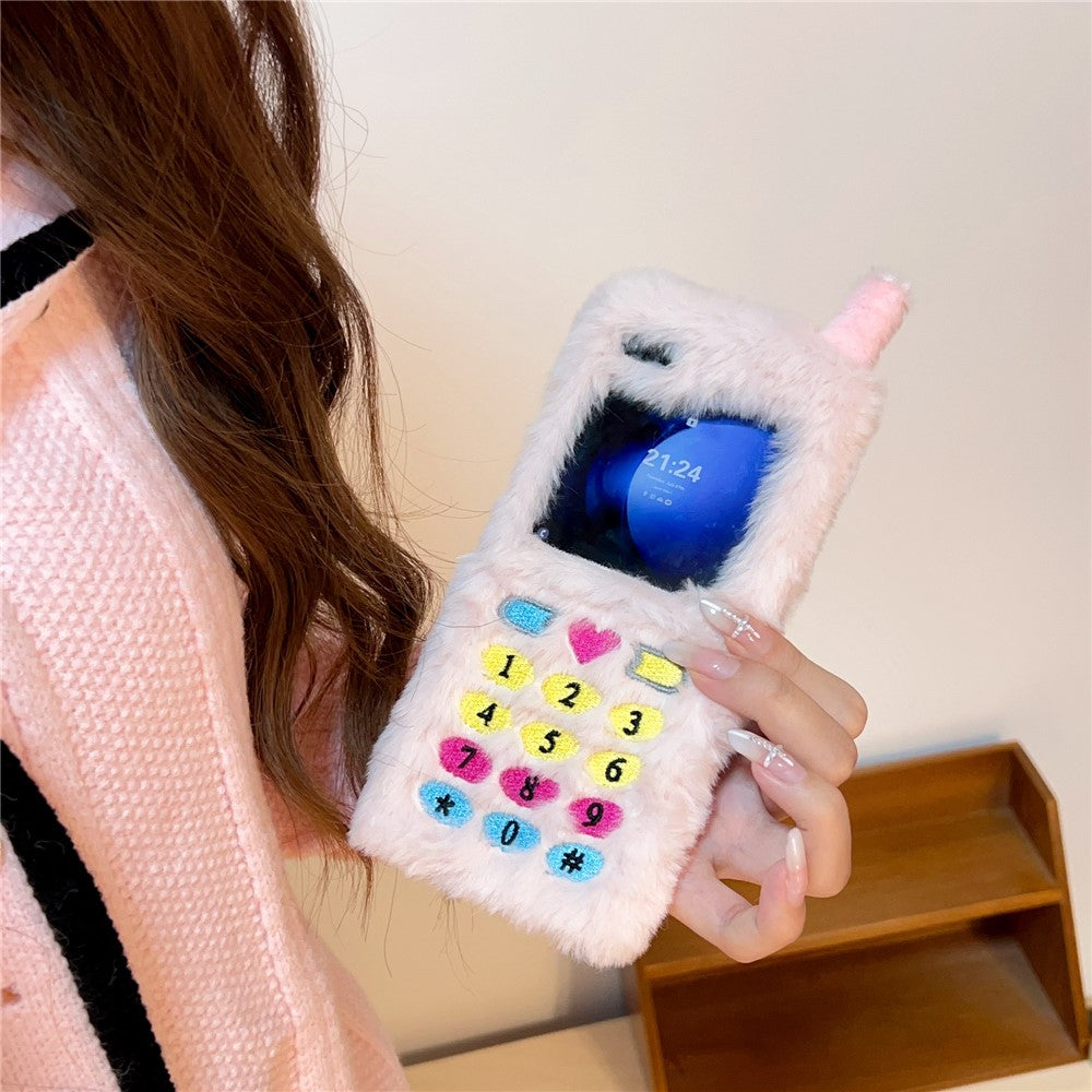 KJS-004 For Samsung Galaxy Z Flip7 FE 5G / Z Flip6 5G Case Retro Phone Style Embroidered Dial Keys Hard PC Warm Plush Phone Cover - White