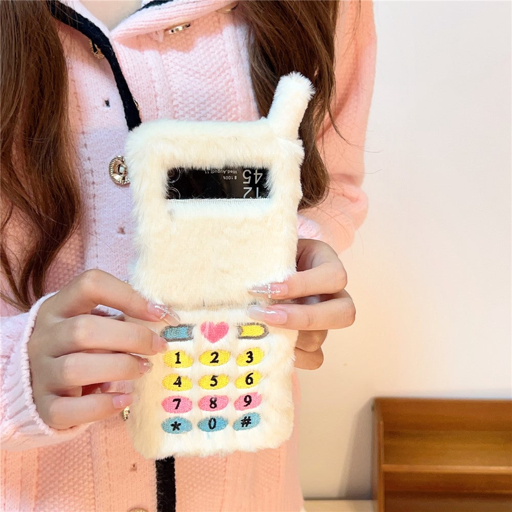 KJS-004 For Samsung Galaxy Z Flip7 FE 5G / Z Flip6 5G Case Retro Phone Style Embroidered Dial Keys Hard PC Warm Plush Phone Cover - White