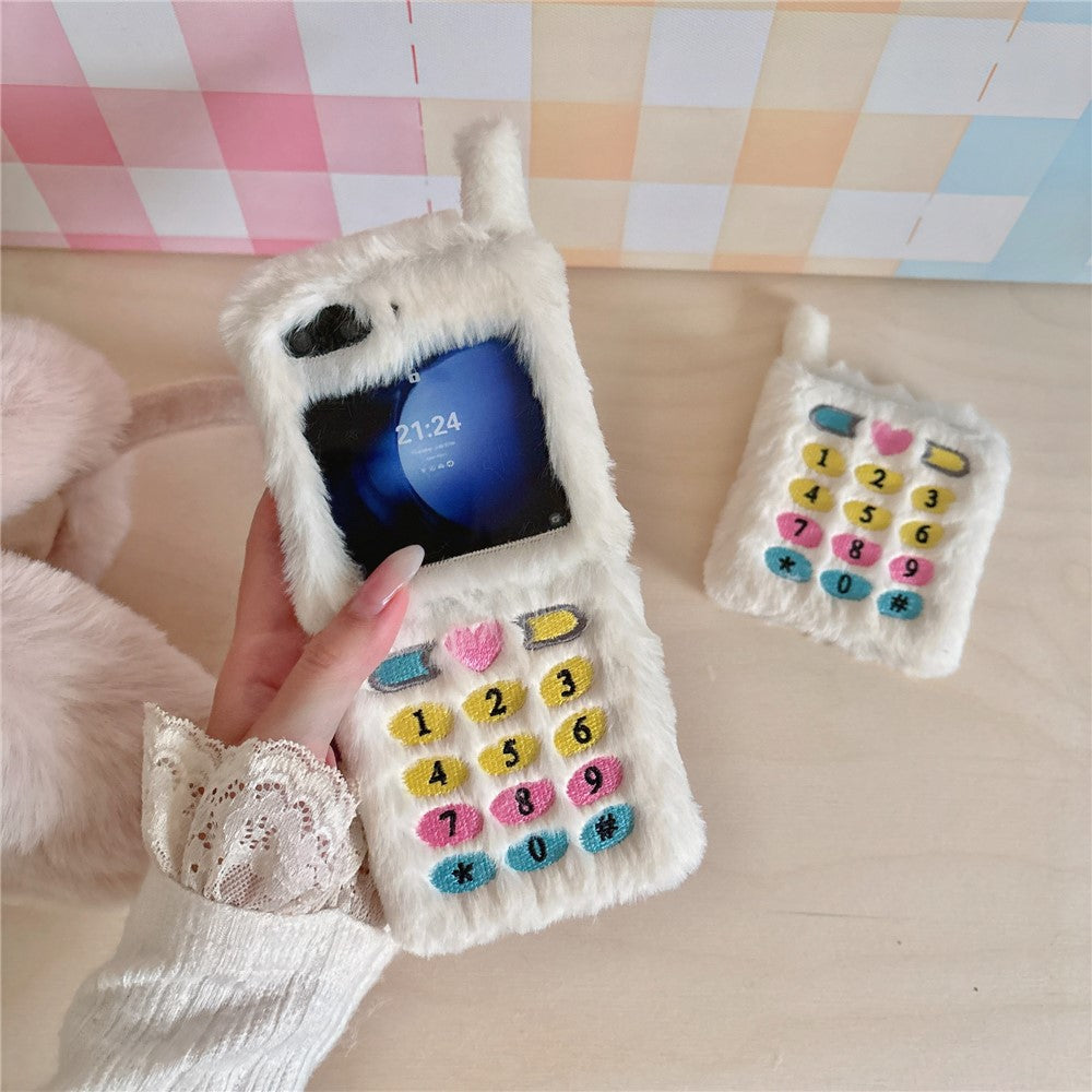 KJS-004 For Samsung Galaxy Z Flip7 FE 5G / Z Flip6 5G Case Retro Phone Style Embroidered Dial Keys Hard PC Warm Plush Phone Cover - White