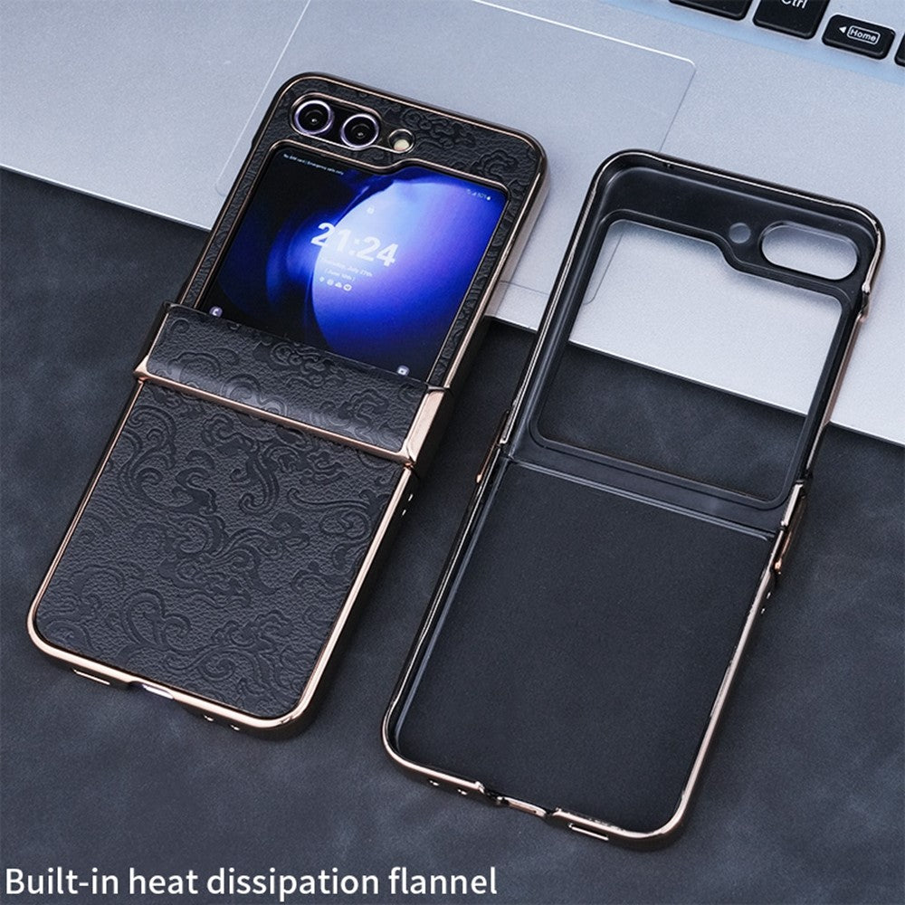 For Samsung Galaxy Z Flip7 FE 5G / Z Flip6 5G Case Hinge Protection Loong Textured Leather+PC Electroplating Phone Cover - Black