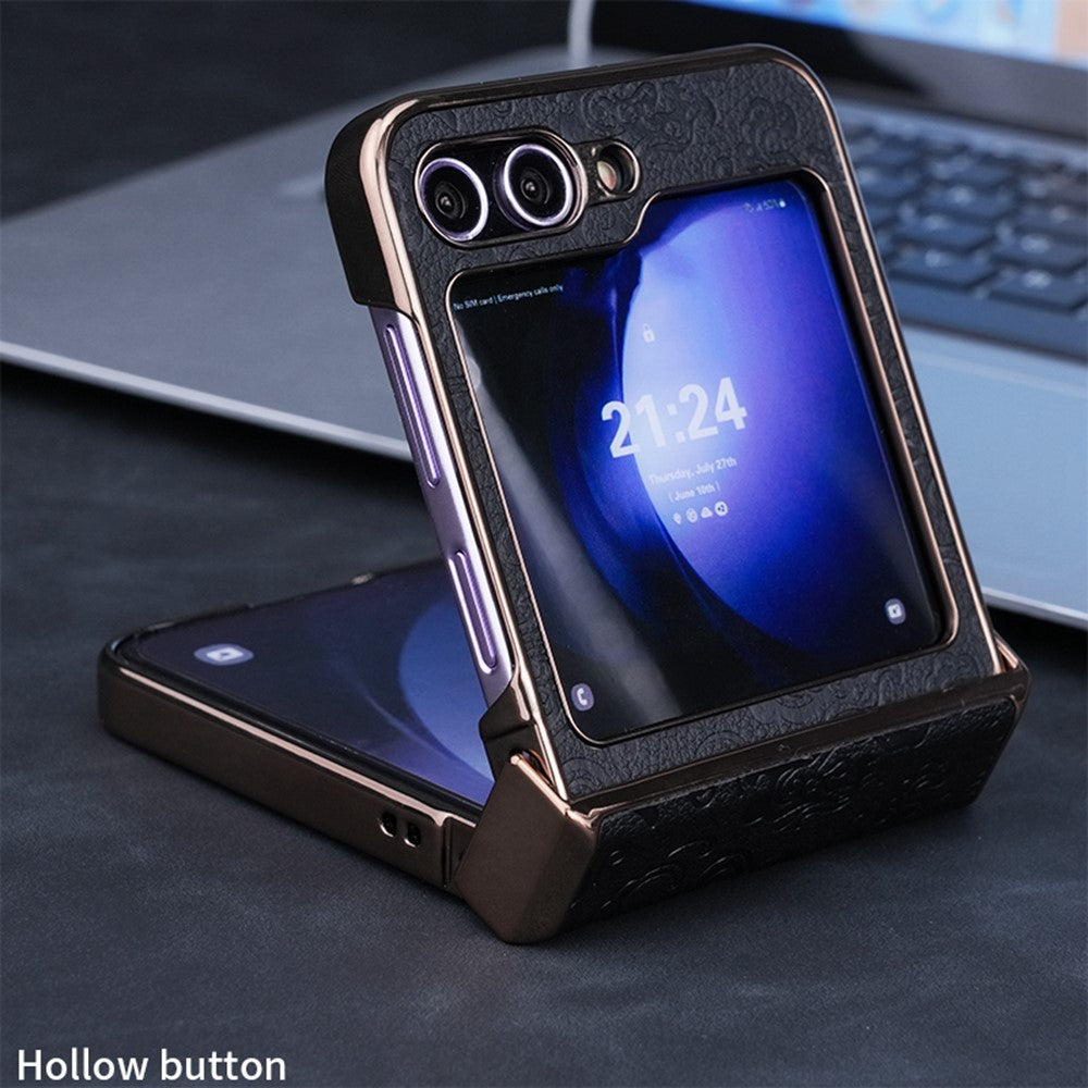 For Samsung Galaxy Z Flip7 FE 5G / Z Flip6 5G Case Hinge Protection Loong Textured Leather+PC Electroplating Phone Cover - Black