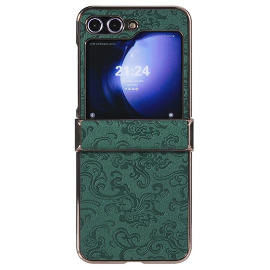 For Samsung Galaxy Z Flip7 FE 5G / Z Flip6 5G Case Hinge Protection Loong Textured Leather+PC Electroplating Phone Cover - Dark Green