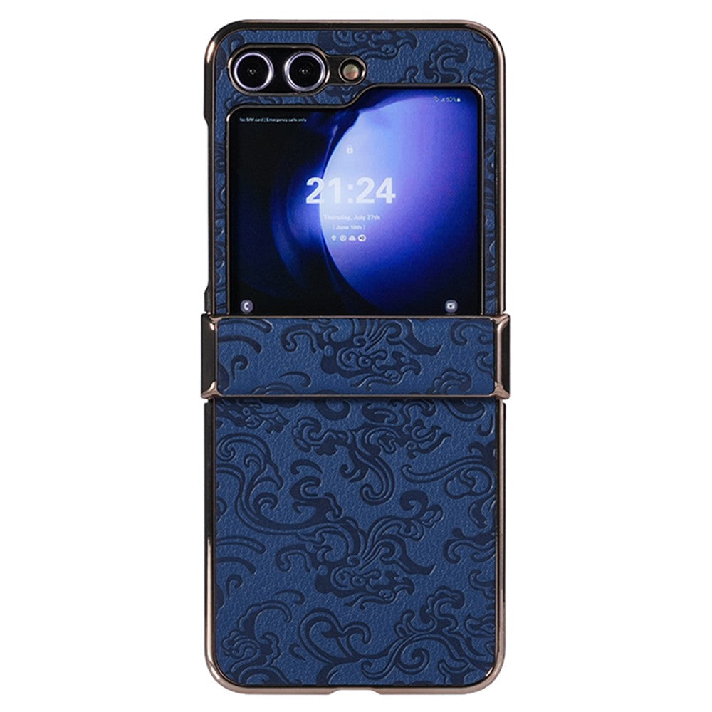 For Samsung Galaxy Z Flip7 FE 5G / Z Flip6 5G Case Hinge Protection Loong Textured Leather+PC Electroplating Phone Cover - Dark Blue