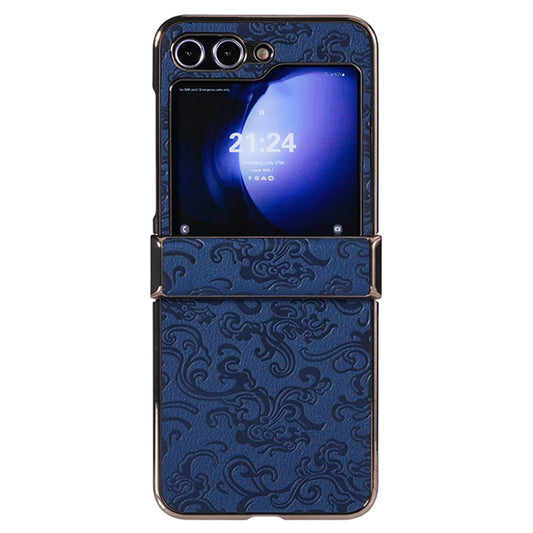 For Samsung Galaxy Z Flip7 FE 5G / Z Flip6 5G Case Hinge Protection Loong Textured Leather+PC Electroplating Phone Cover - Dark Blue