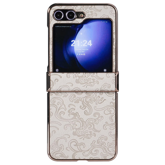 For Samsung Galaxy Z Flip7 FE 5G / Z Flip6 5G Case Hinge Protection Loong Textured Leather+PC Electroplating Phone Cover - Grey White