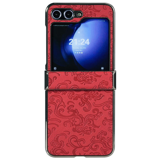 For Samsung Galaxy Z Flip7 FE 5G / Z Flip6 5G Case Hinge Protection Loong Textured Leather+PC Electroplating Phone Cover - Red