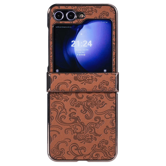 For Samsung Galaxy Z Flip7 FE 5G / Z Flip6 5G Case Hinge Protection Loong Textured Leather+PC Electroplating Phone Cover - Brown