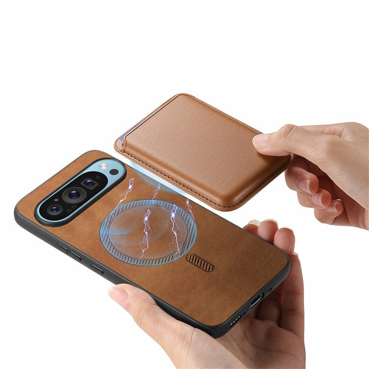 For Google Pixel 9 Pro XL Case Detachable Magnetic Card Bag Leather+TPU Phone Cover - Brown