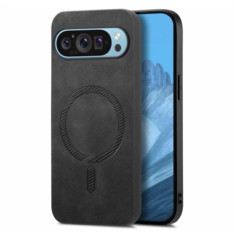 For Google Pixel 9 Pro XL Leather Back Case Compatible with MagSafe Skin-Touch Phone Cover - Black