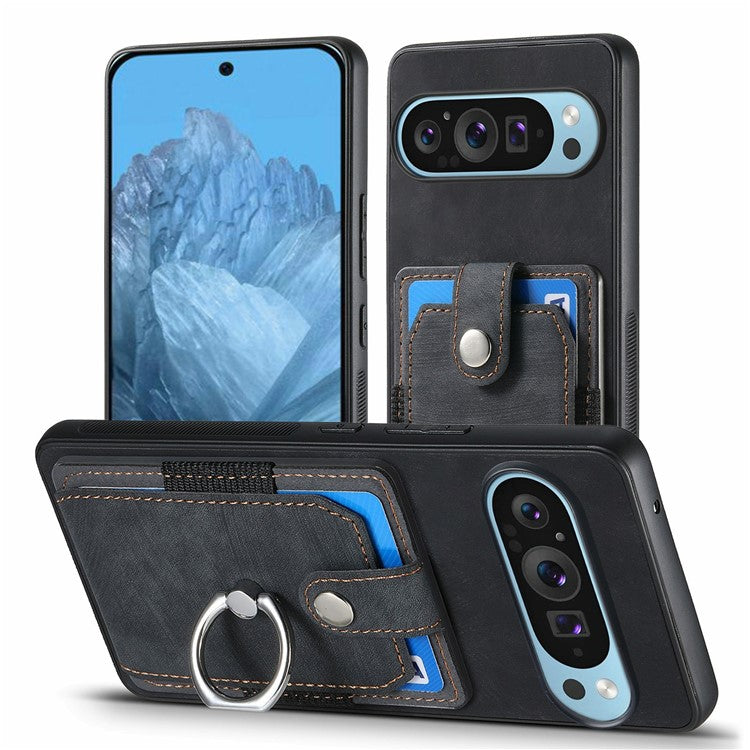 For Google Pixel 9 Pro XL Case Kickstand Leather+TPU Non-Slip Protective Cover Card Slots - Black