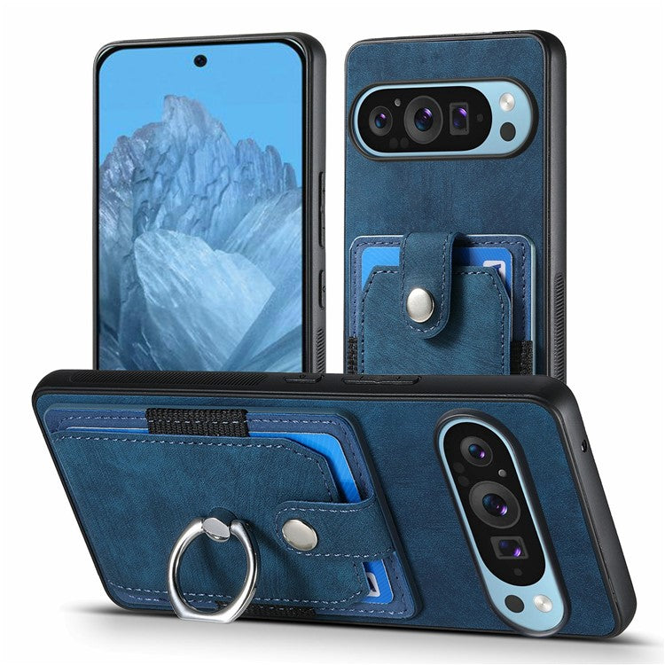 For Google Pixel 9 Pro XL Case Kickstand Leather+TPU Non-Slip Protective Cover Card Slots - Blue