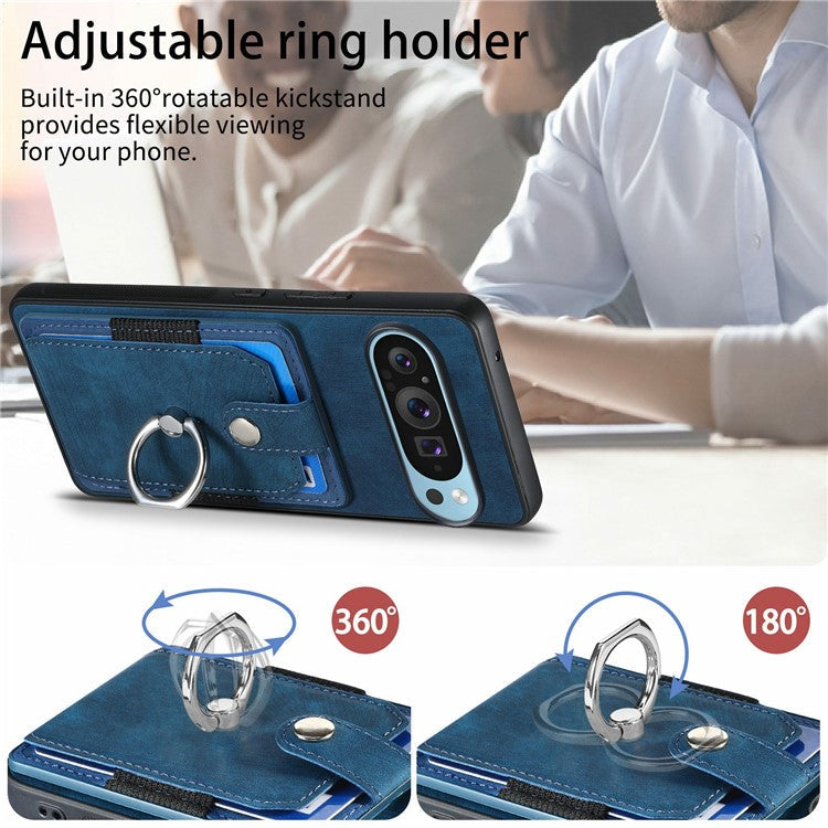 For Google Pixel 9 Pro XL Case Kickstand Leather+TPU Non-Slip Protective Cover Card Slots - Blue