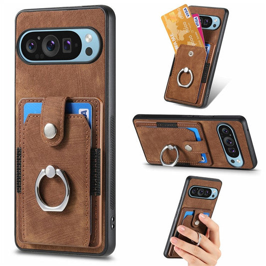 For Google Pixel 9 Pro XL Case Kickstand Leather+TPU Non-Slip Protective Cover Card Slots - Brown