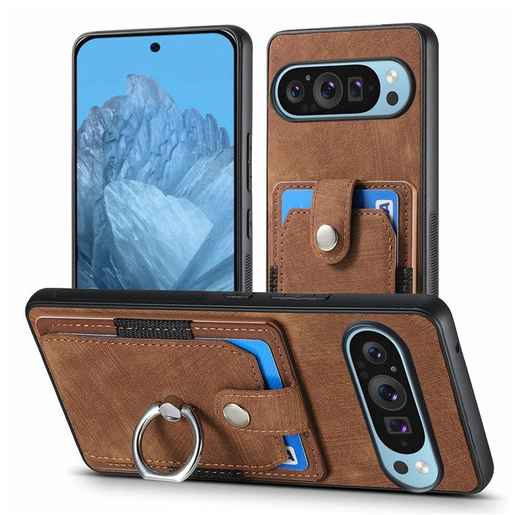For Google Pixel 9 Pro XL Case Kickstand Leather+TPU Non-Slip Protective Cover Card Slots - Brown