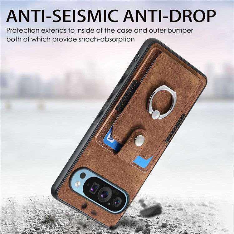 For Google Pixel 9 Pro XL Case Kickstand Leather+TPU Non-Slip Protective Cover Card Slots - Brown