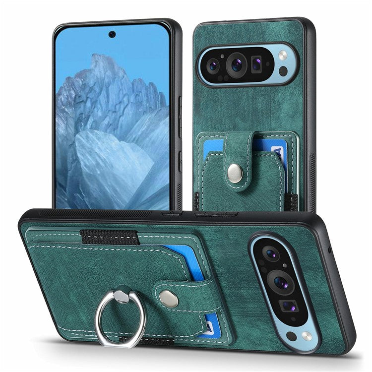 For Google Pixel 9 Pro XL Case Kickstand Leather+TPU Non-Slip Protective Cover Card Slots - Green