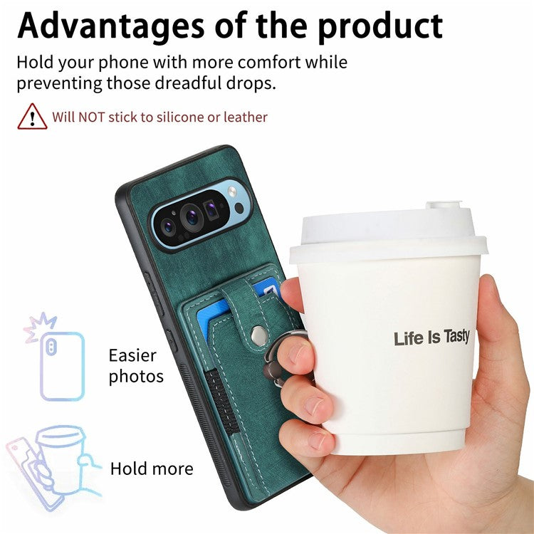 For Google Pixel 9 Pro XL Case Kickstand Leather+TPU Non-Slip Protective Cover Card Slots - Green