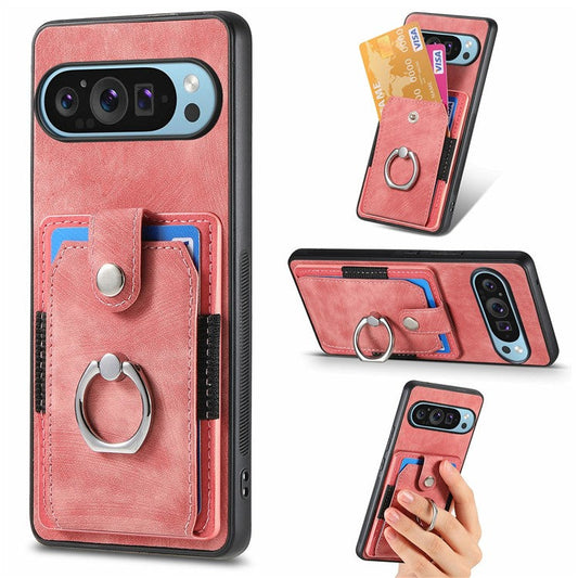 For Google Pixel 9 Pro XL Case Kickstand Leather+TPU Non-Slip Protective Cover Card Slots - Pink
