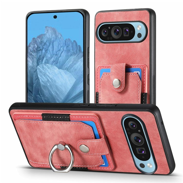 For Google Pixel 9 Pro XL Case Kickstand Leather+TPU Non-Slip Protective Cover Card Slots - Pink
