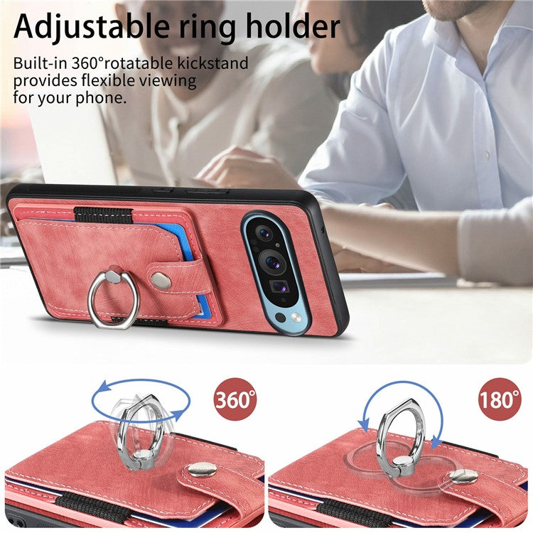 For Google Pixel 9 Pro XL Case Kickstand Leather+TPU Non-Slip Protective Cover Card Slots - Pink