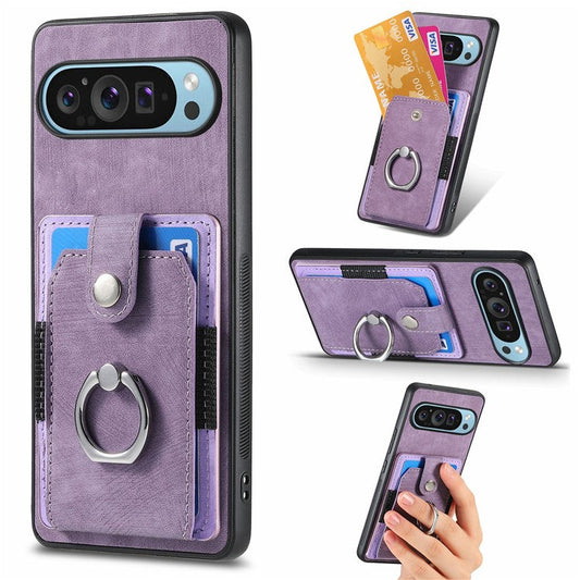 For Google Pixel 9 Pro XL Case Kickstand Leather+TPU Non-Slip Protective Cover Card Slots - Purple