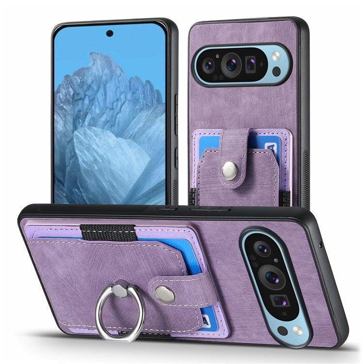 For Google Pixel 9 Pro XL Case Kickstand Leather+TPU Non-Slip Protective Cover Card Slots - Purple