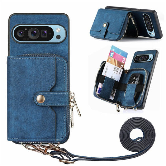 For Google Pixel 9 Pro XL Case Zipper Card Holder PU Leather Phone Back Cover with Long Strap - Blue