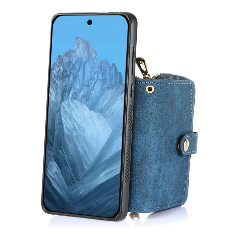 For Google Pixel 9 Pro XL Case Zipper Card Holder PU Leather Phone Back Cover with Long Strap - Blue