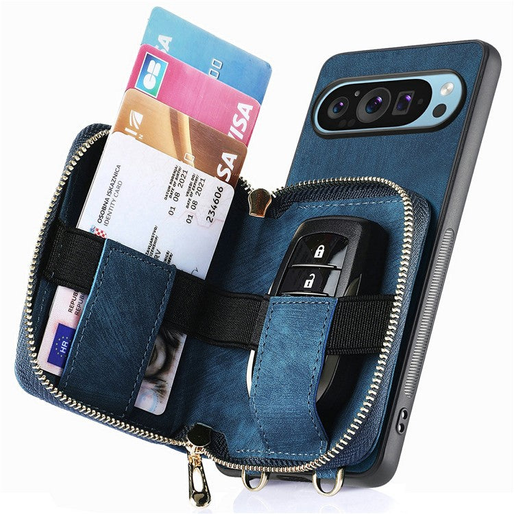 For Google Pixel 9 Pro XL Case Zipper Card Holder PU Leather Phone Back Cover with Long Strap - Blue