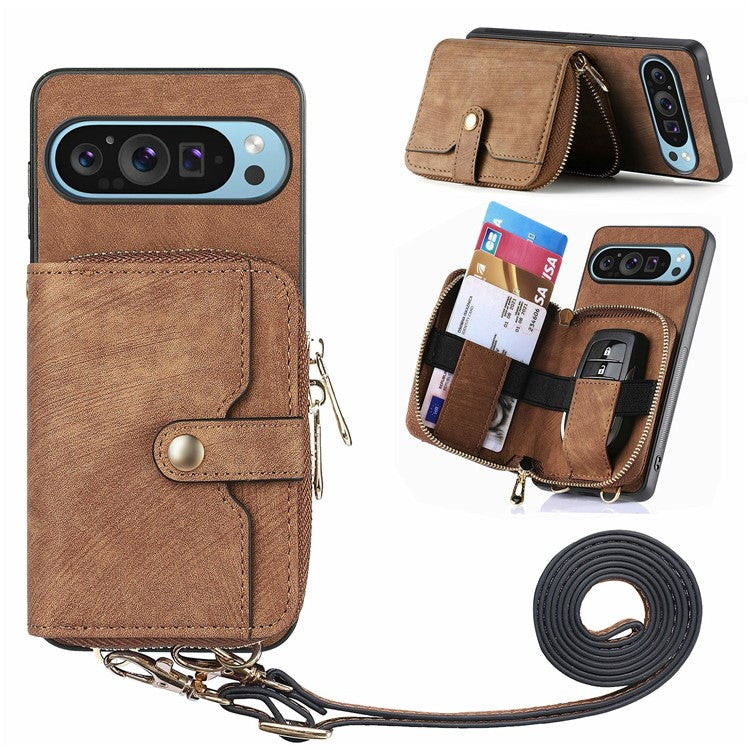 For Google Pixel 9 Pro XL Case Zipper Card Holder PU Leather Phone Back Cover with Long Strap - Brown