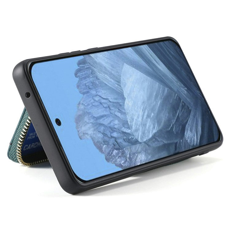 For Google Pixel 9 Pro XL Case Zipper Card Holder PU Leather Phone Back Cover with Long Strap - Green