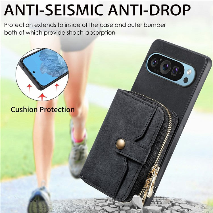 For Google Pixel 9 Pro XL Case Zipper Card Holder PU Leather Phone Back Cover with Long Strap - Pink