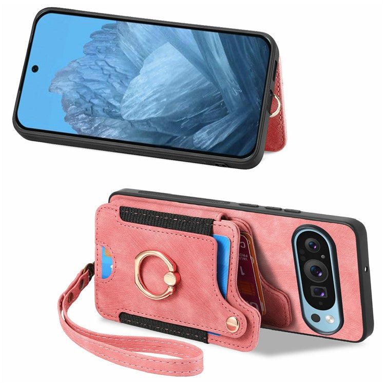 For Google Pixel 9 Pro XL Case RFID Blocking Handbag Leather+TPU Phone Cover Card Slots, Ring Holder - Pink